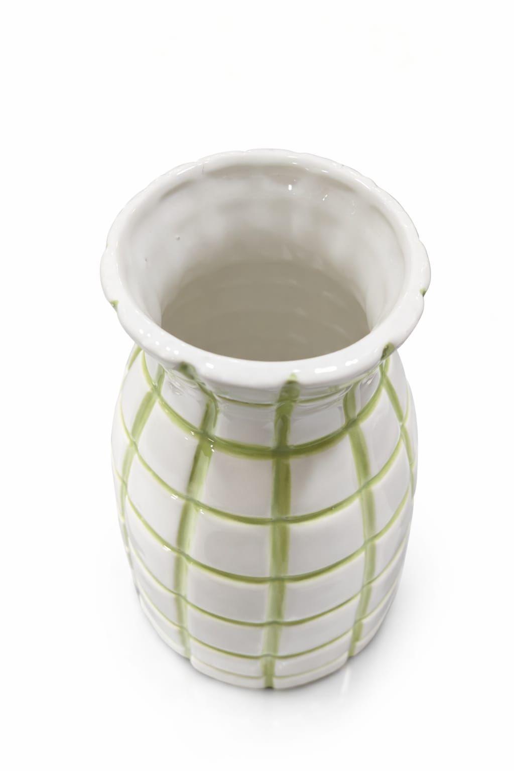 Jarron Decorativo de Ceramica Blanca con Detalles Verdes-2