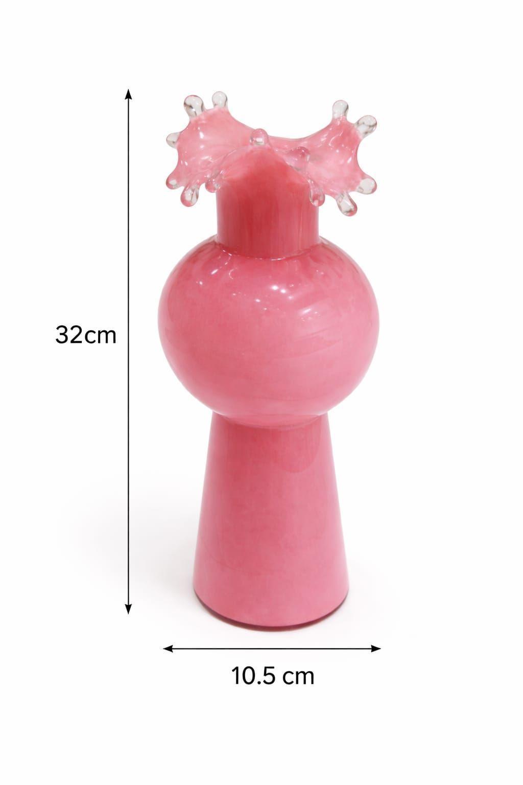 Florero de Vidrio Rosa con Boca Ondulada Artesanal 32 cm | Decoración Elegante -2