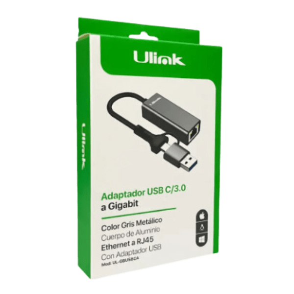 Adaptador USB-C /3.0 a Ethernet RJ45 Gigabit(10/100/1000 UL-GBUSBCA)-0