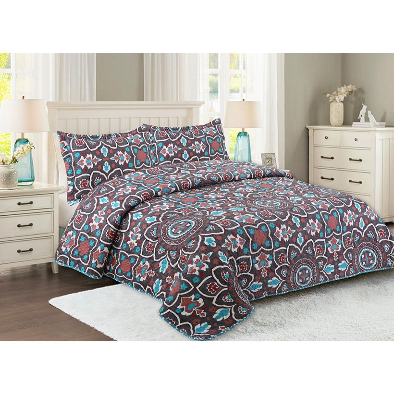 Cubrecamas Quilt Doral Estampado Deluxe Reversible C/n Fundas 1.5 Plaza-1