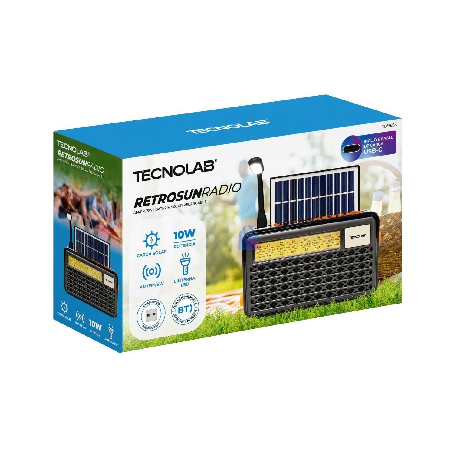 Radio Retro Solar Bluetooth FM AM USB Linterna Negro PS-3