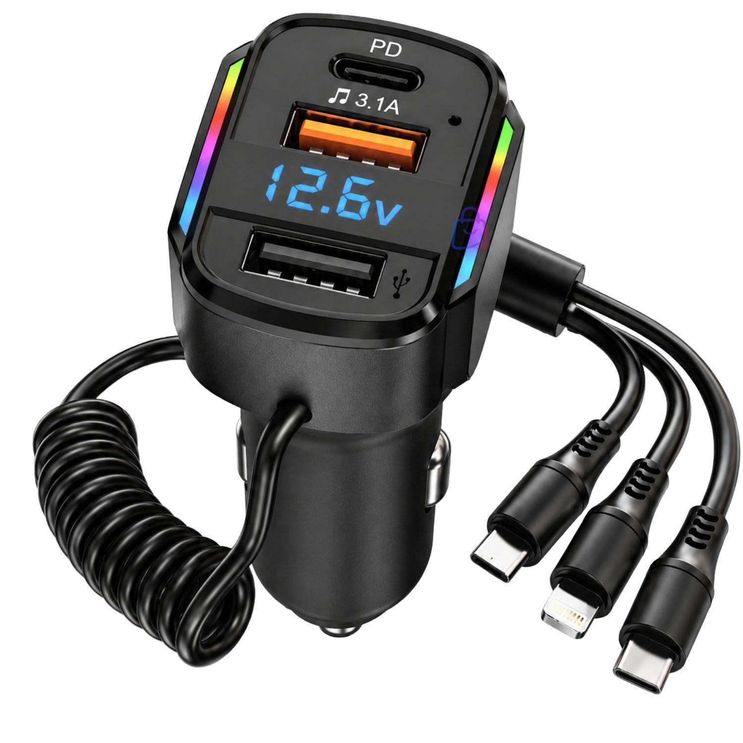 Cargador Auto RGB USB PD 36 65W Cable 3 en 1 PS-2
