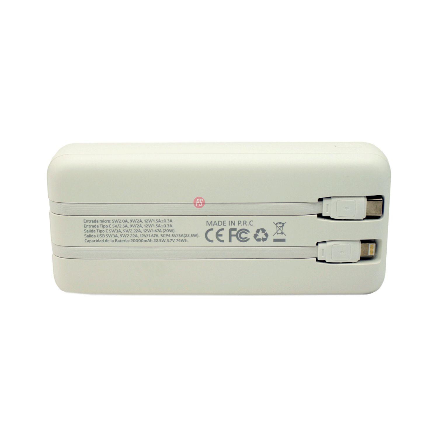 Power Bank 20000mAh 22.5W LED Display + Cables Blanco - PS-2