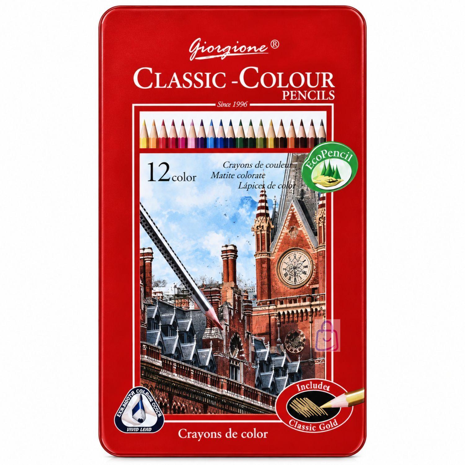 12 Lapices De Colores Caja Metalica Con Dorado PS-3