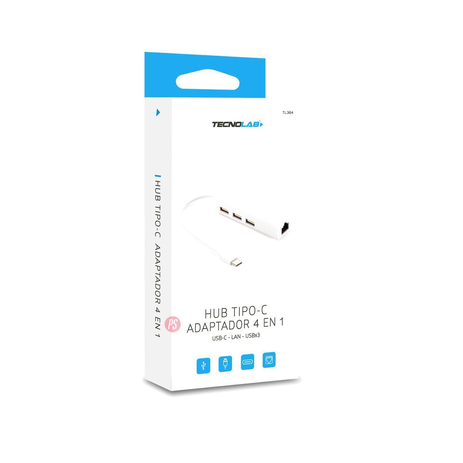 Hub USB-C 4 en 1 con 3 Puertos USB Y RJ45 Ethernet - PS-3
