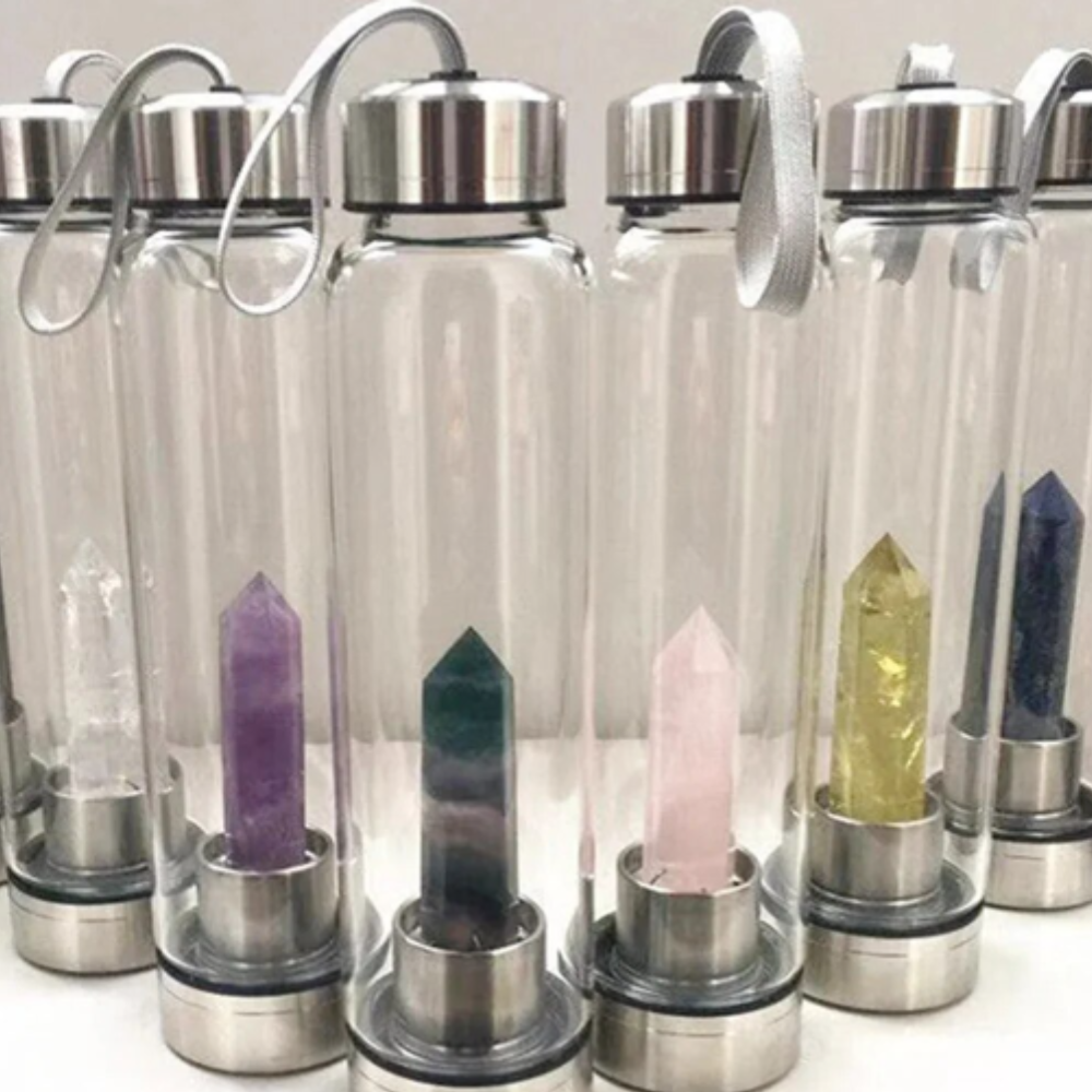 Botella de Vidrio para Agua con Cuarzo ROSA Yoga Meditación-4