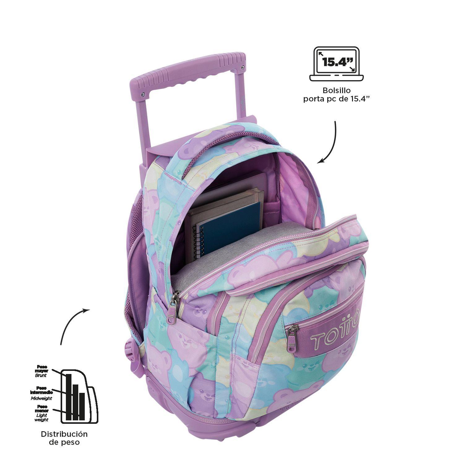 Mochila Escolar Ruedas Niña Notebook 15.4" Bomper Renglon Verde Totto-4