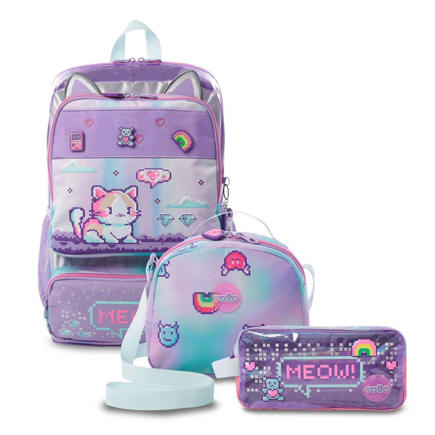 Pack Escolar Mochila Morado Grande + Lonchera + Estuche Andy Cat Totto-0