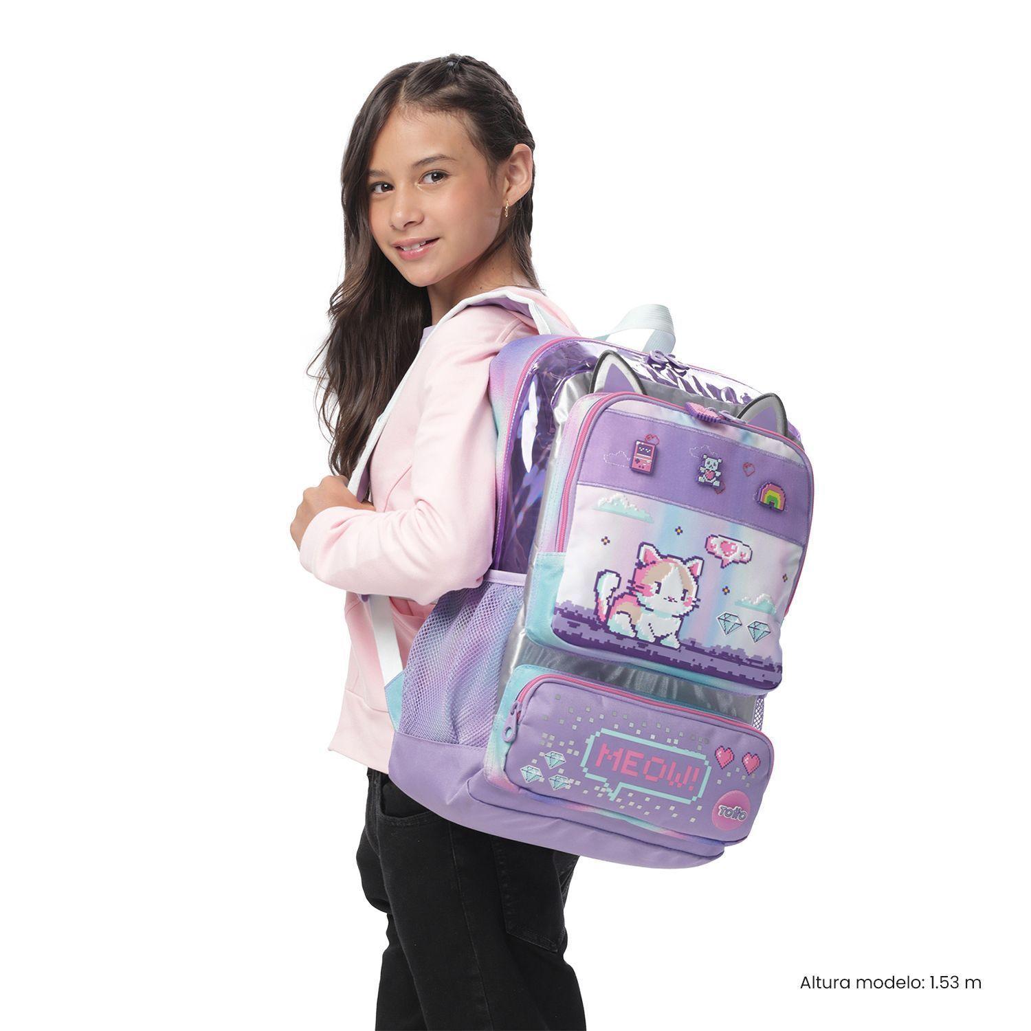 Pack Escolar Mochila Morado Grande + Lonchera + Estuche Andy Cat Totto-1