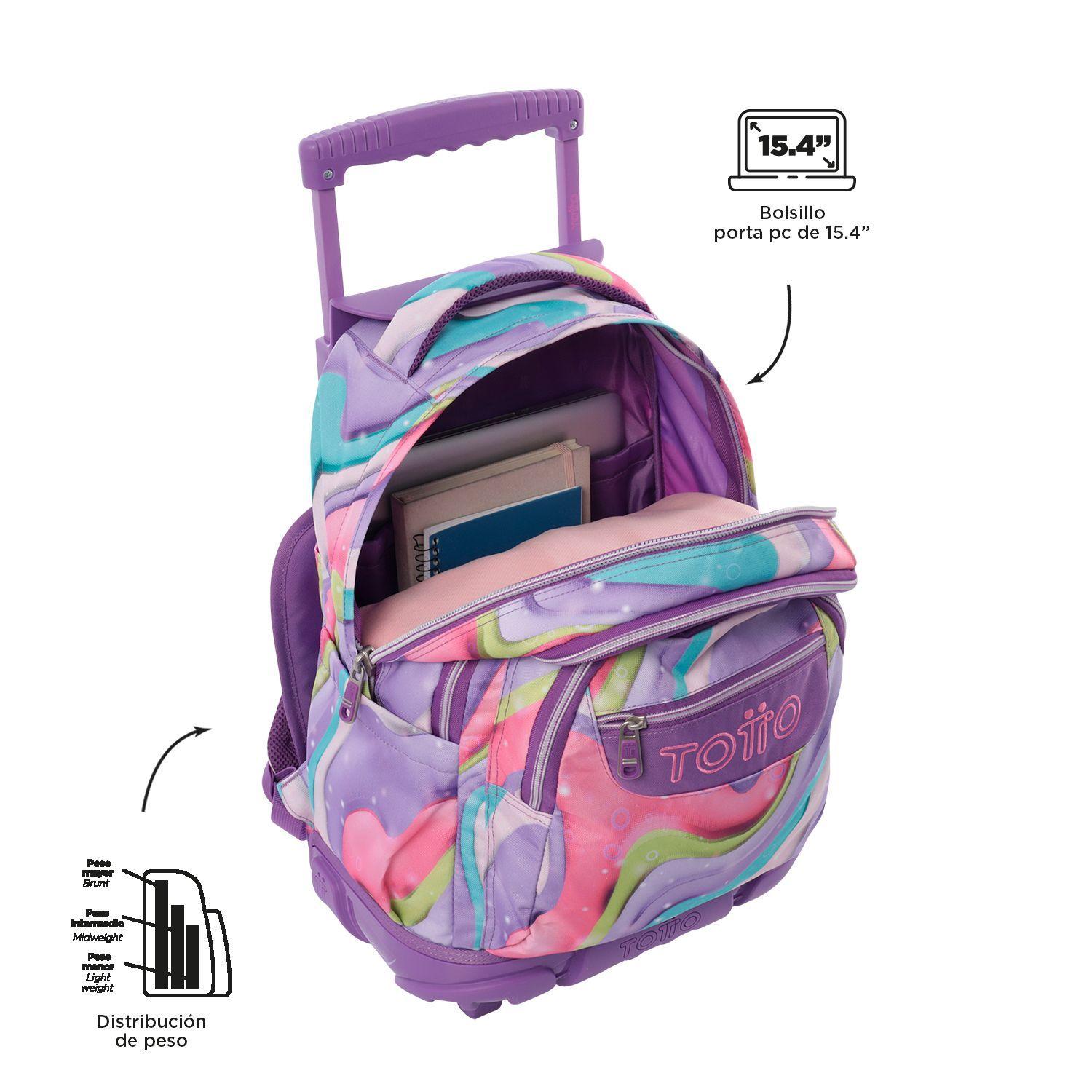 Mochila Escolar Ruedas Niña Notebook 15.4" Bomper Renglon Morado Totto-4