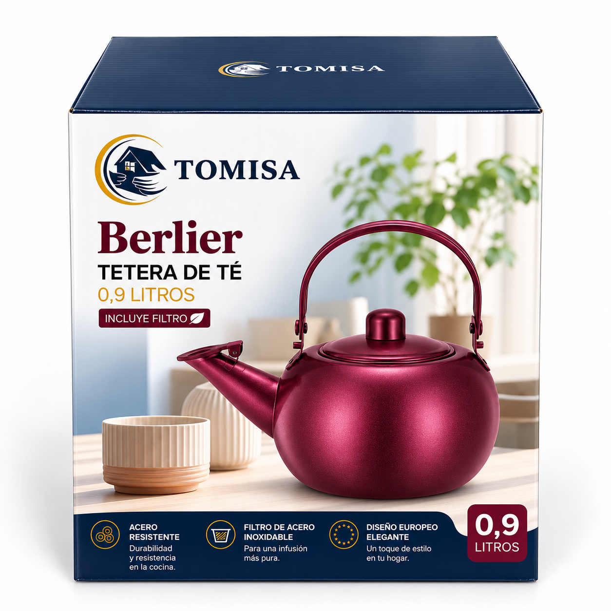 Tetera de Te TOMISA Berlier 0.9 Litros con Filtro Burdeo-2