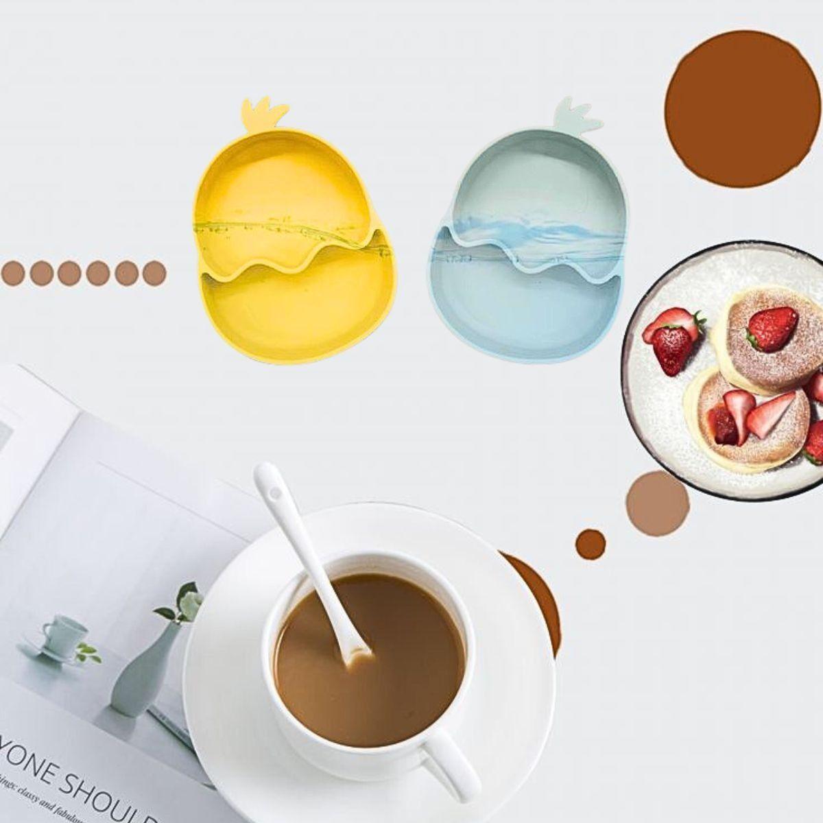 Set 2 Platos Diseño Pollo Silicona Antideslizante Niños Lau-4