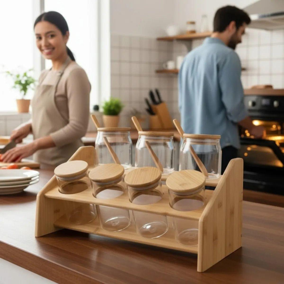 Especiero Madera Frascos Vidrio Cuchara 2 Niveles ALJ-5