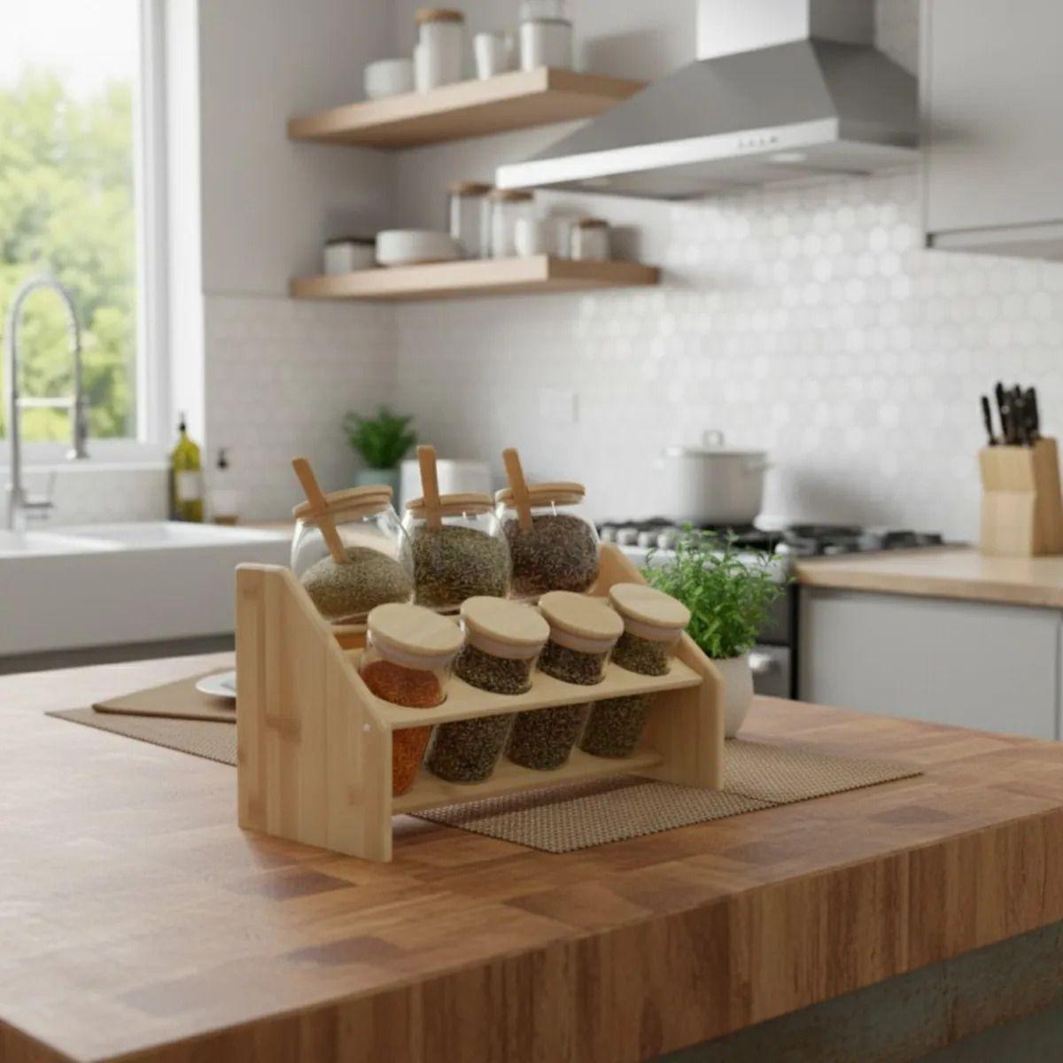 Especiero Madera Frascos Vidrio Cuchara 2 Niveles ALJ-6