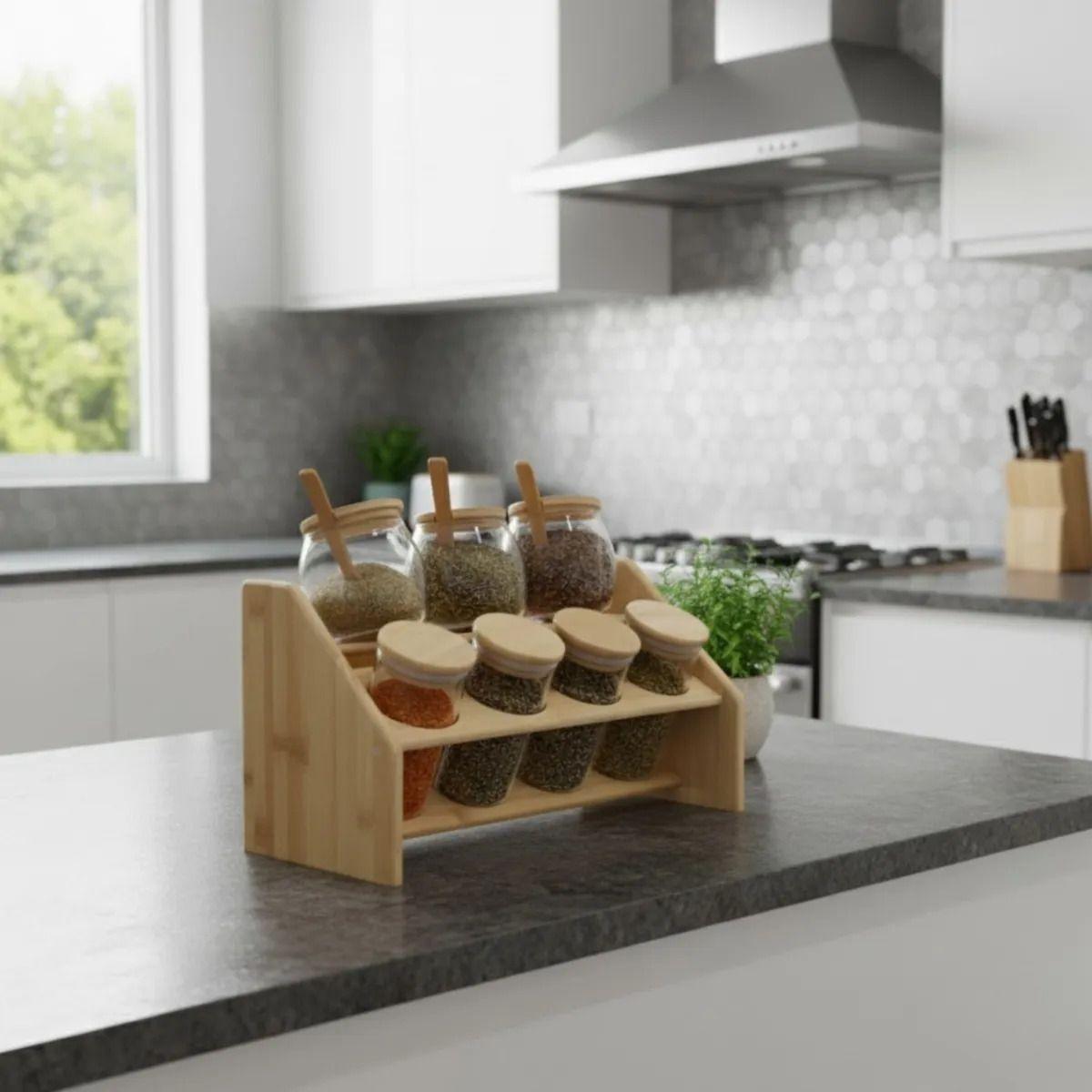 Especiero Madera Frascos Vidrio Cuchara 2 Niveles ALJ-8