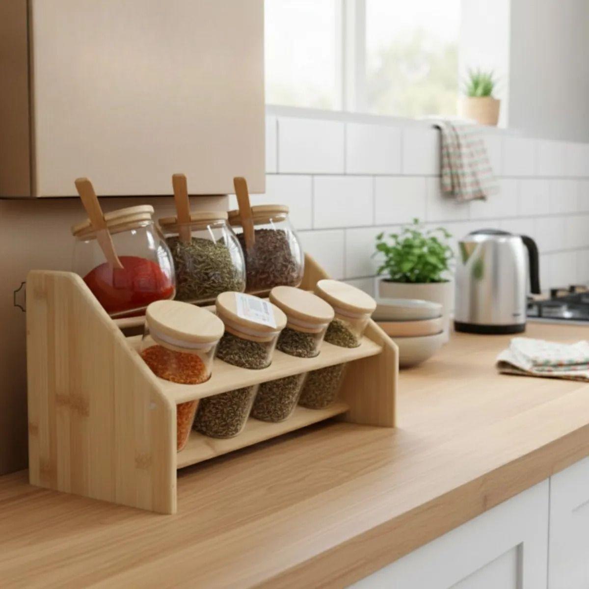 Especiero Madera Frascos Vidrio Cuchara 2 Niveles ALJ-9