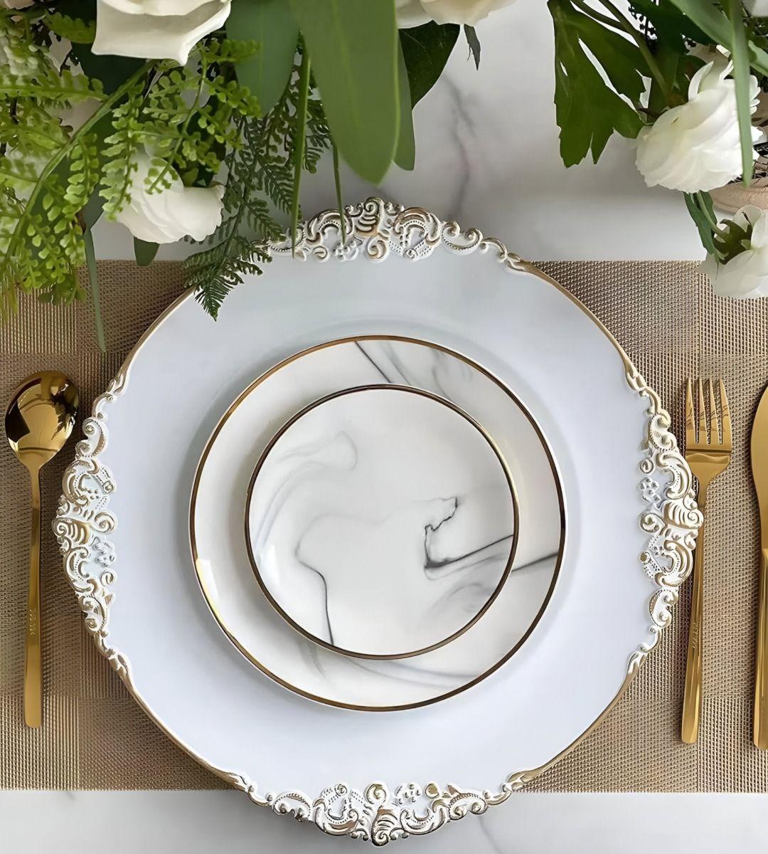 Set 3 Bajo Plato Base Decorativo Blanco Y Borde Dorado Jhn-7
