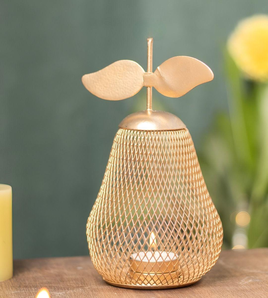 Candelabro Portavelas Pera Dorada Decorativo Farol 21cm Jhn-7