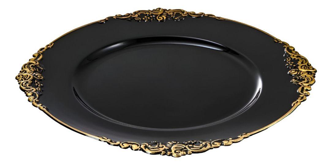 Set 3 Bajo Plato Base Negro Y Borde Dorado Decorativo Jhn-0