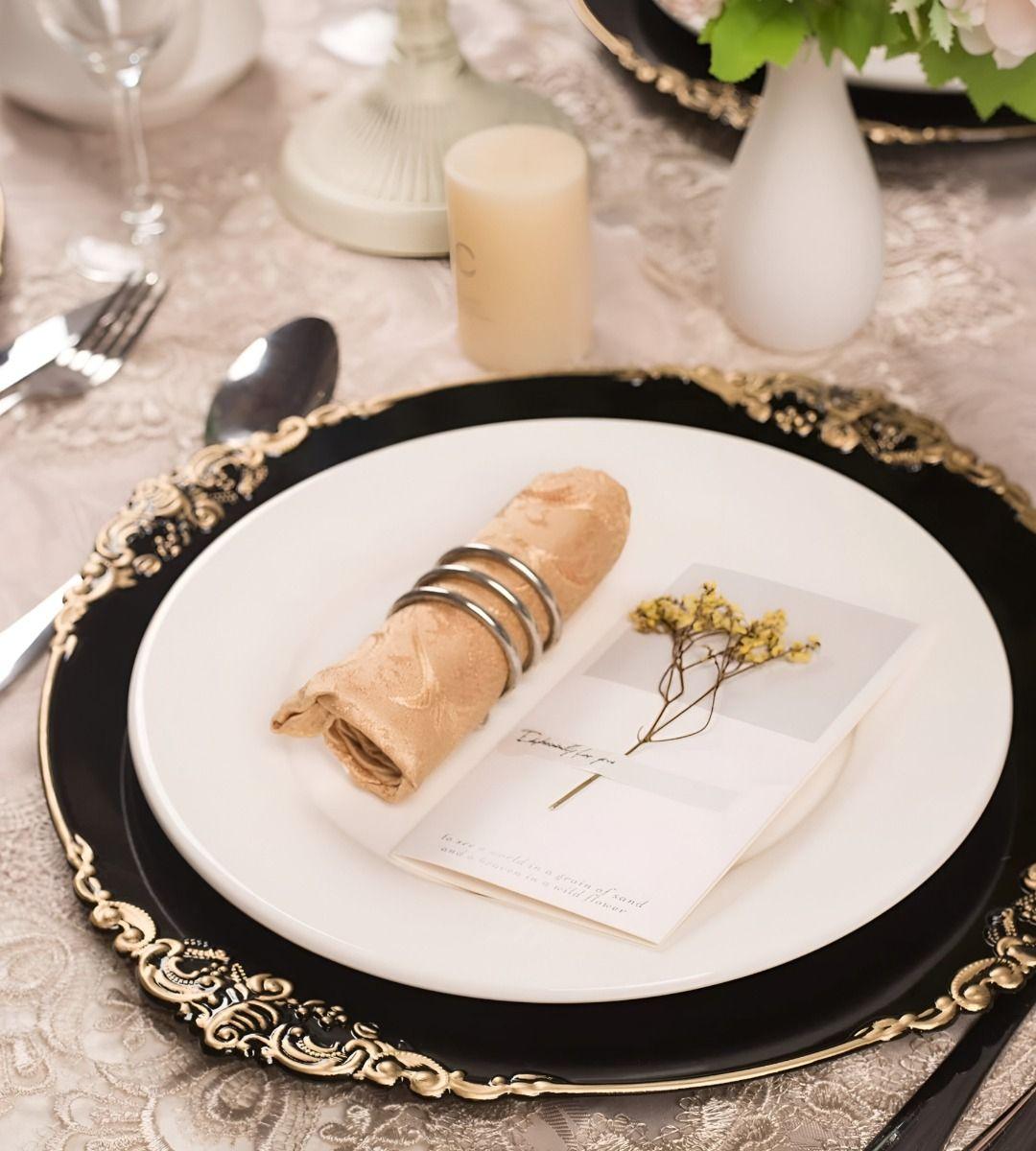 Set 3 Bajo Plato Base Negro Y Borde Dorado Decorativo Jhn-4