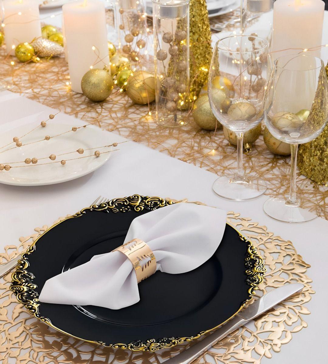 Set 3 Bajo Plato Base Negro Y Borde Dorado Decorativo Jhn-5