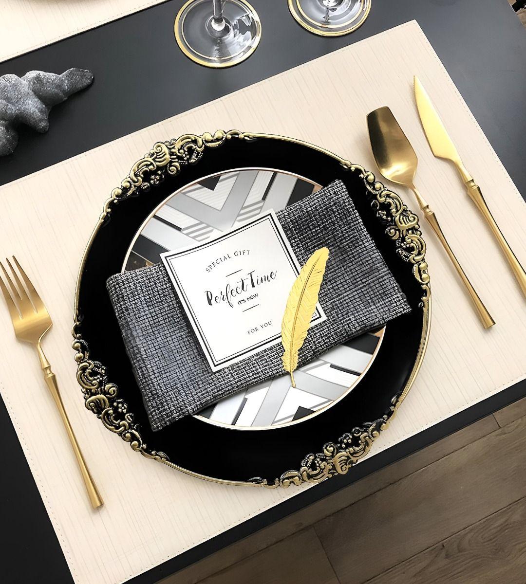 Set 3 Bajo Plato Base Negro Y Borde Dorado Decorativo Jhn-7