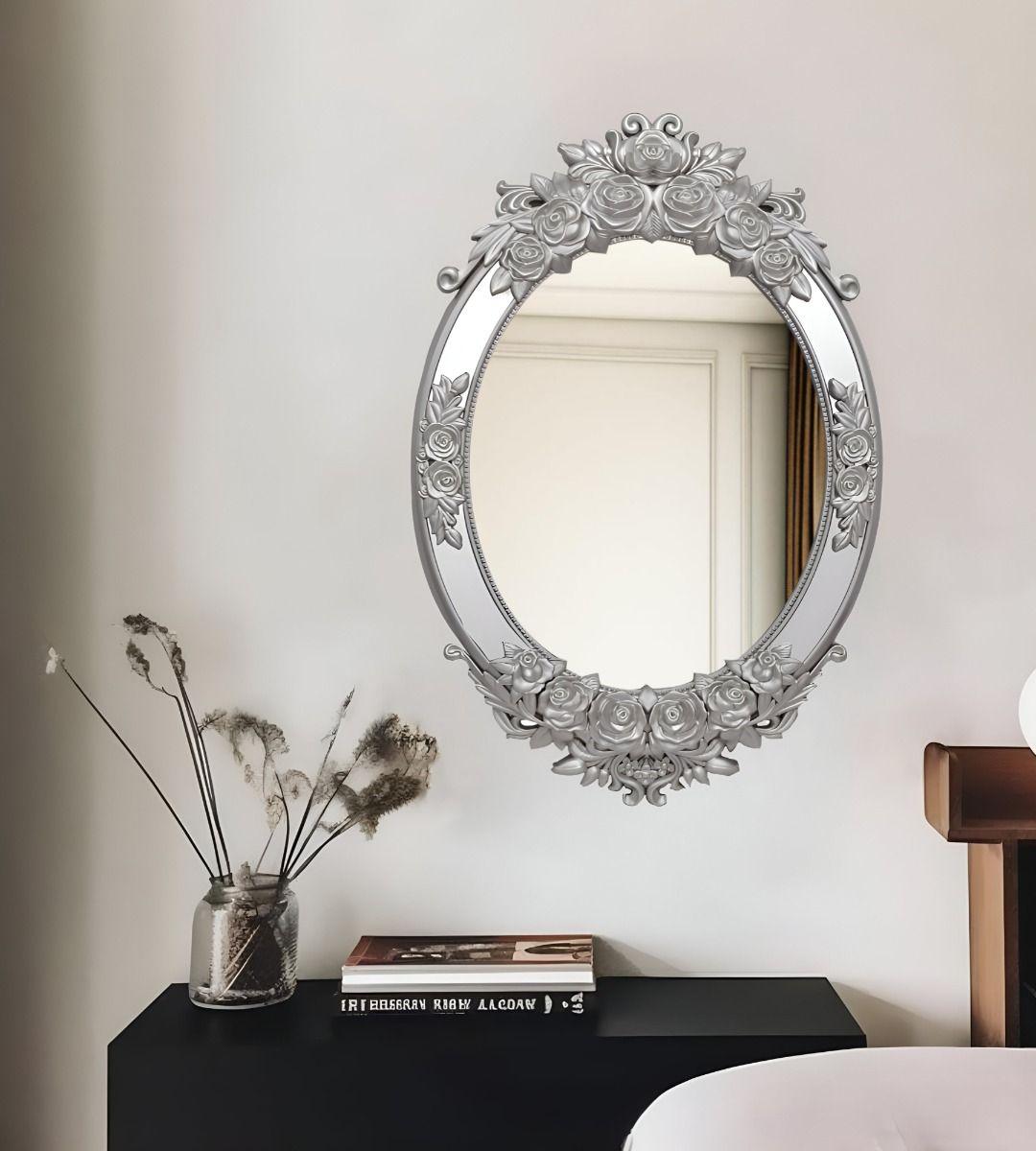 Espejo Pared Ovalado Colgar Decorativo Grande Plateado Jhn-2
