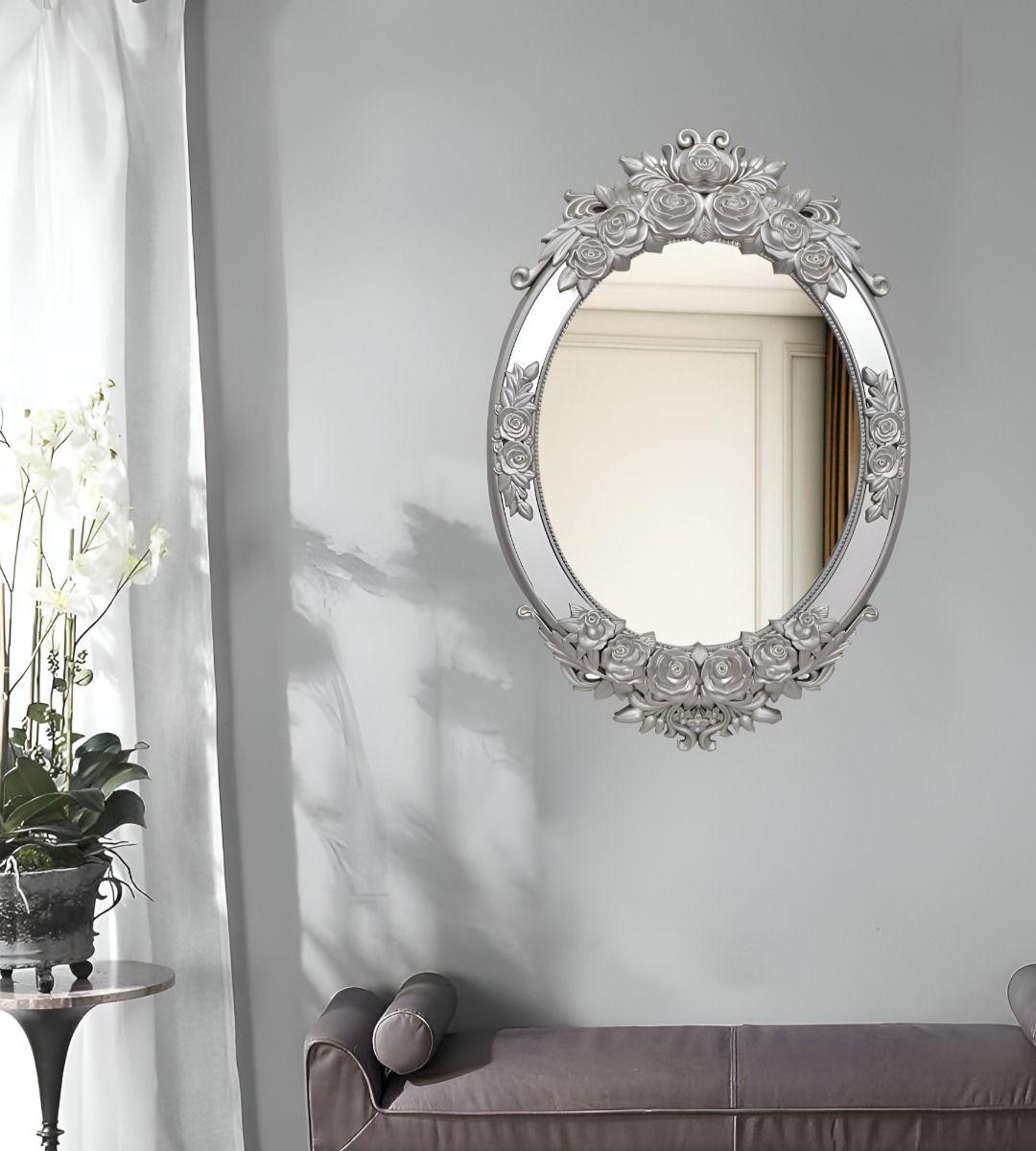 Espejo Pared Ovalado Colgar Decorativo Grande Plateado Jhn-8