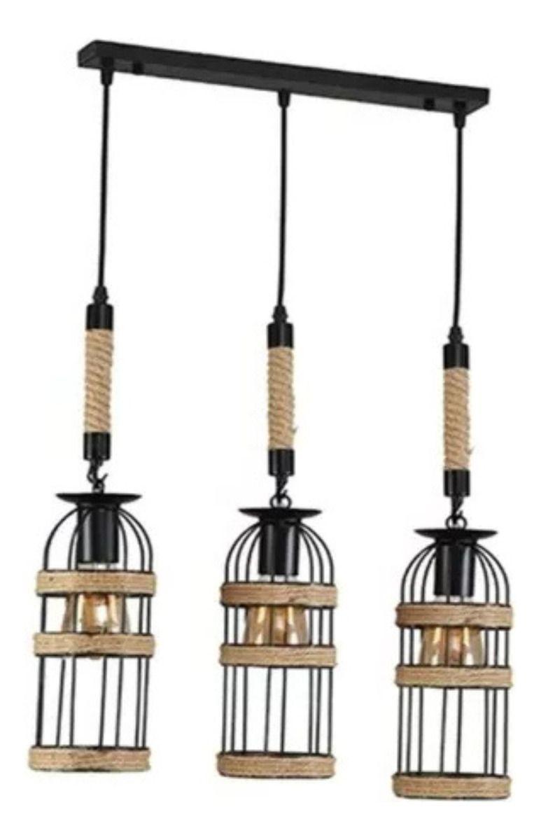 Lampara Colgante Madera Metal Tipo Jaula 3 Focos Hogar Lau-0