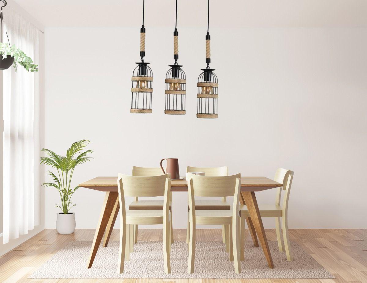 Lampara Colgante Madera Metal Tipo Jaula 3 Focos Hogar Lau-6