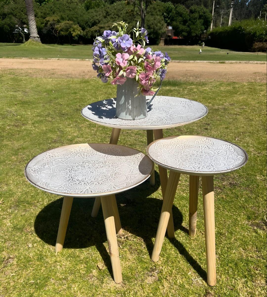 Set 3 Mesas Centro Decorativa Mandala Nórdica Redonda Jhn-4