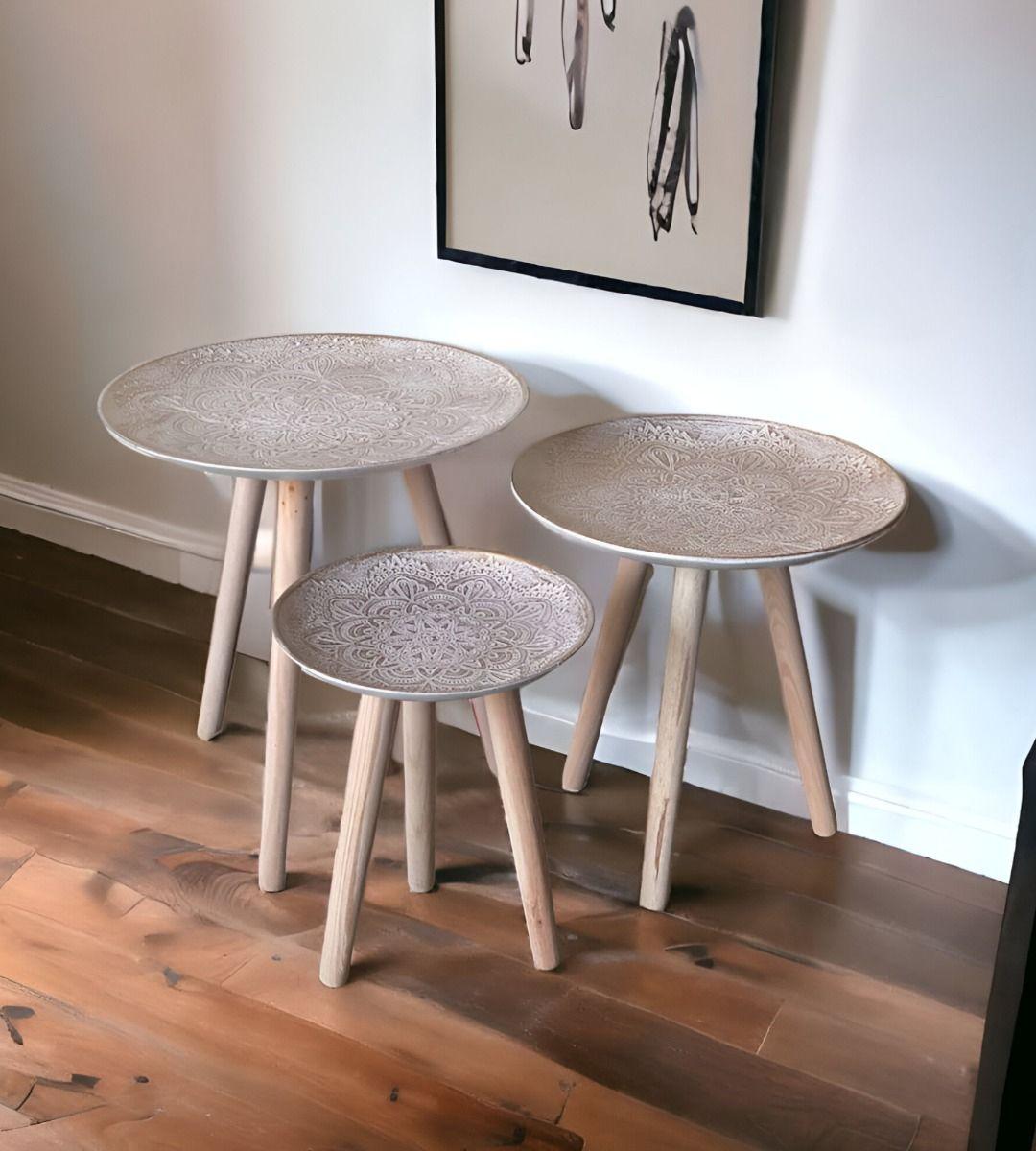 Set 3 Mesas Centro Decorativa Mandala Nórdica Redonda Jhn-5