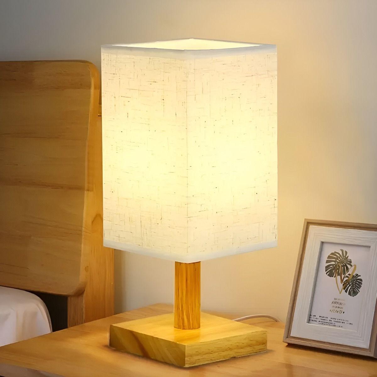 Lámpara Mesa Decorativa Base Madera Cuadrada Beige Jhn-2