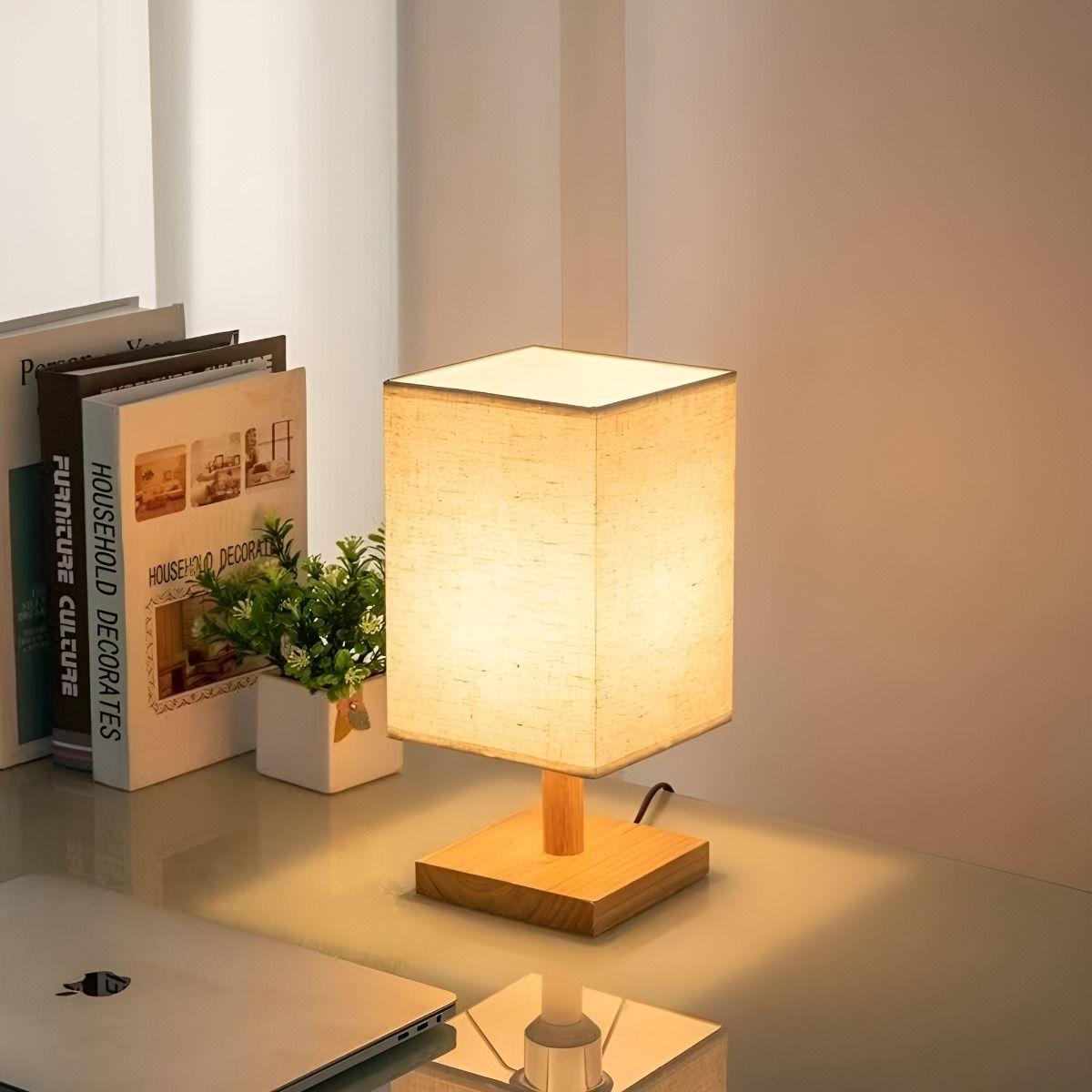 Lámpara Mesa Decorativa Base Madera Cuadrada Beige Jhn-4