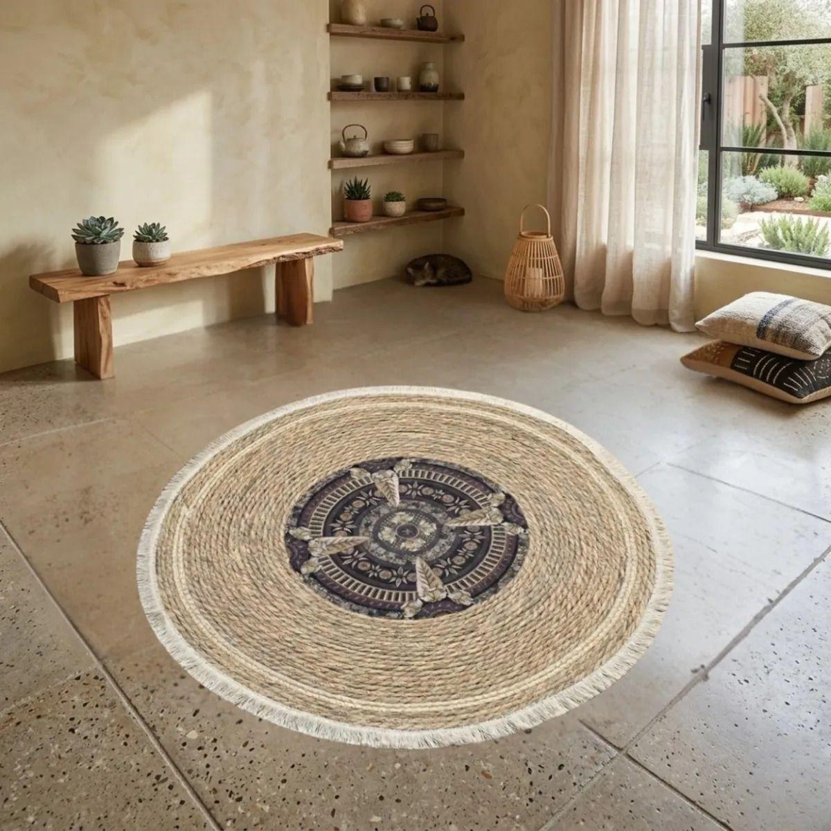 Alfombra Elegante Bohemio Chic Flecos Diseño Medallón ALJ-6
