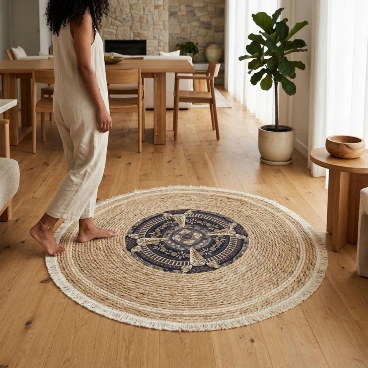 Alfombra Elegante Bohemio Chic Flecos Diseño Medallón ALJ-8