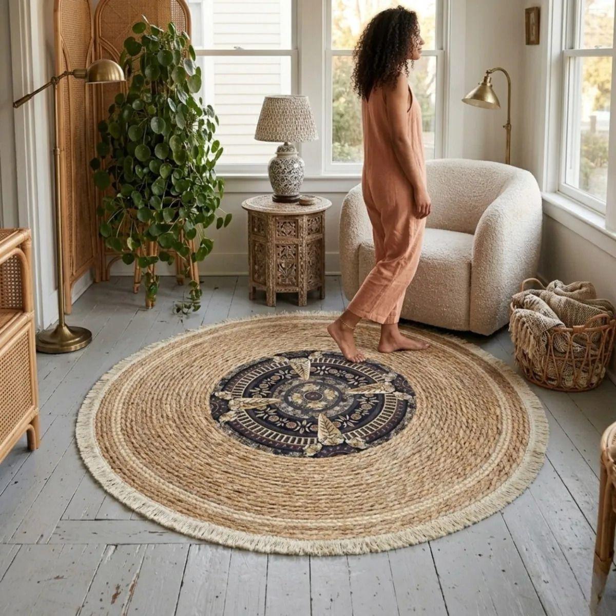 Alfombra Elegante Bohemio Chic Flecos Diseño Medallón ALJ-9