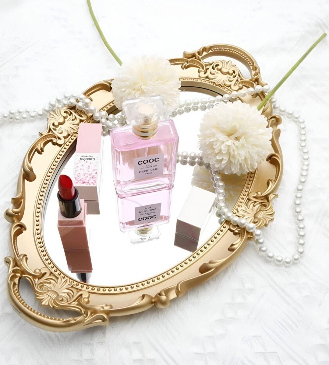 Set 2 Bandeja Espejo Dorada Decorativa Organizador Jhn-7