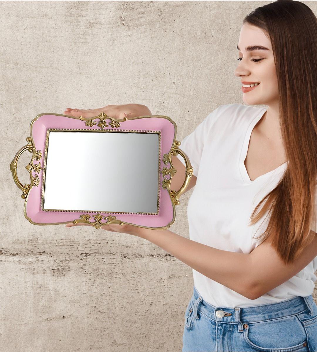 Bandeja Espejo Rosa Organizador Adorno Decorativo Jhn-2