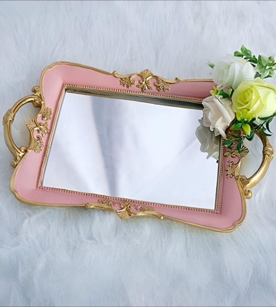 Bandeja Espejo Rosa Organizador Adorno Decorativo Jhn-4