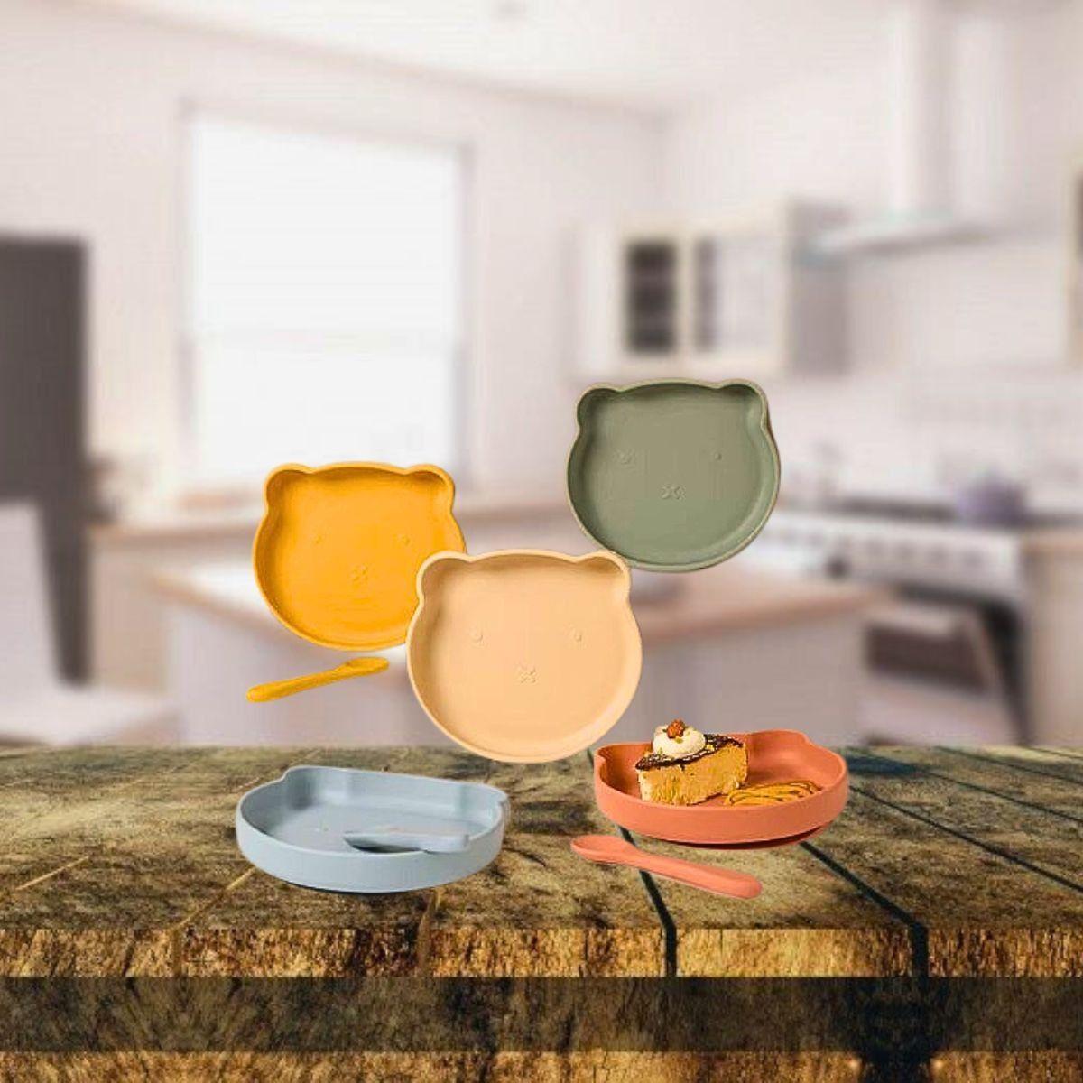 Set 2 Platos Diseño Oso Silicona Antideslizante Niños Lau-5