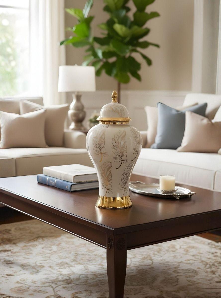 Potiche Decorativo Elegante Jarrón Diseño Plumas Adorno Jhn-9