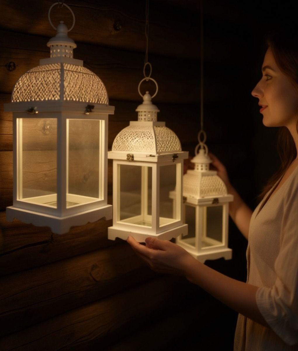 Set 3 Portavela Decorativo Farol Estilo Rústico Moderno Jhn-2