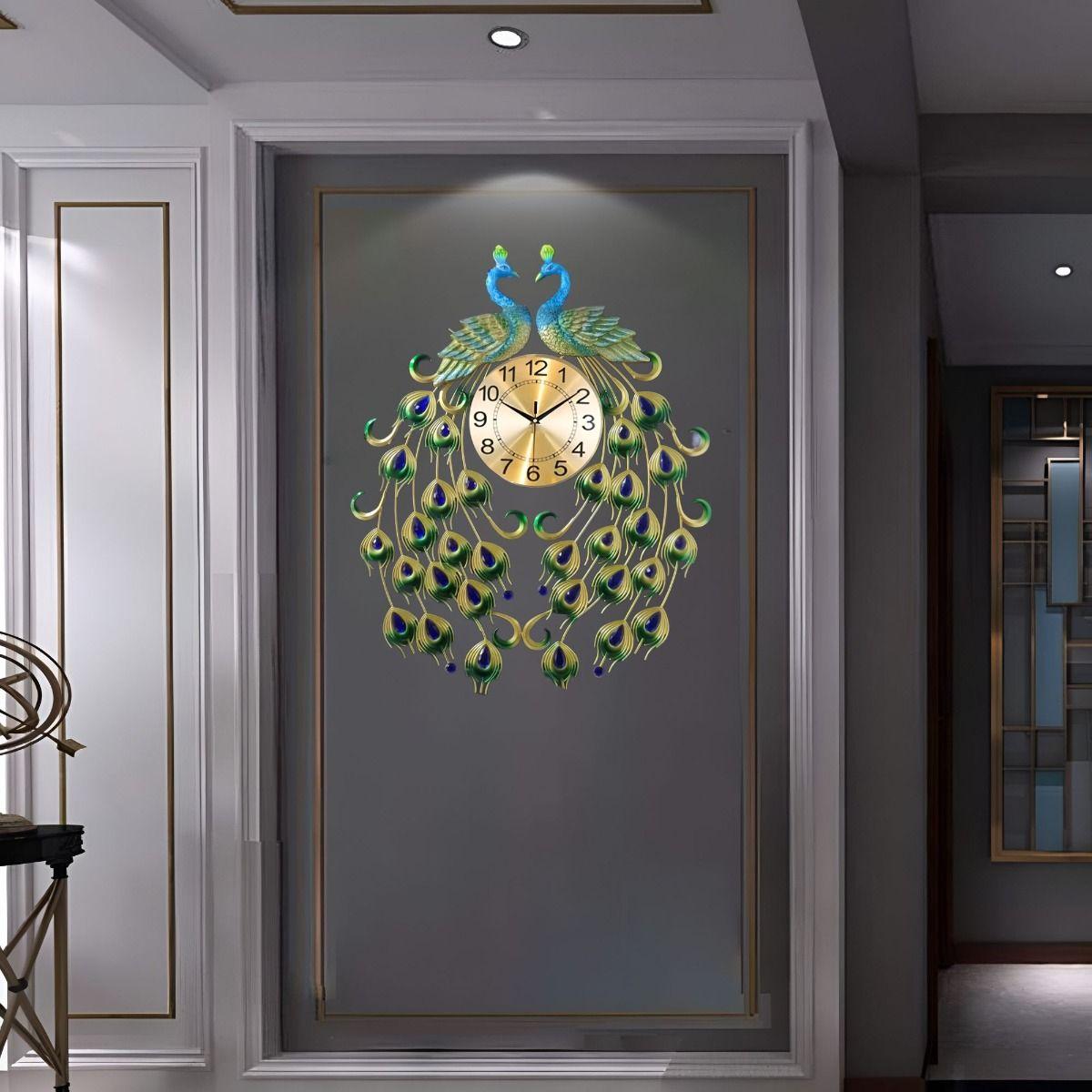 Reloj Analógico Pared Diseño Doble Pavo Real Decorativo Jhn-8