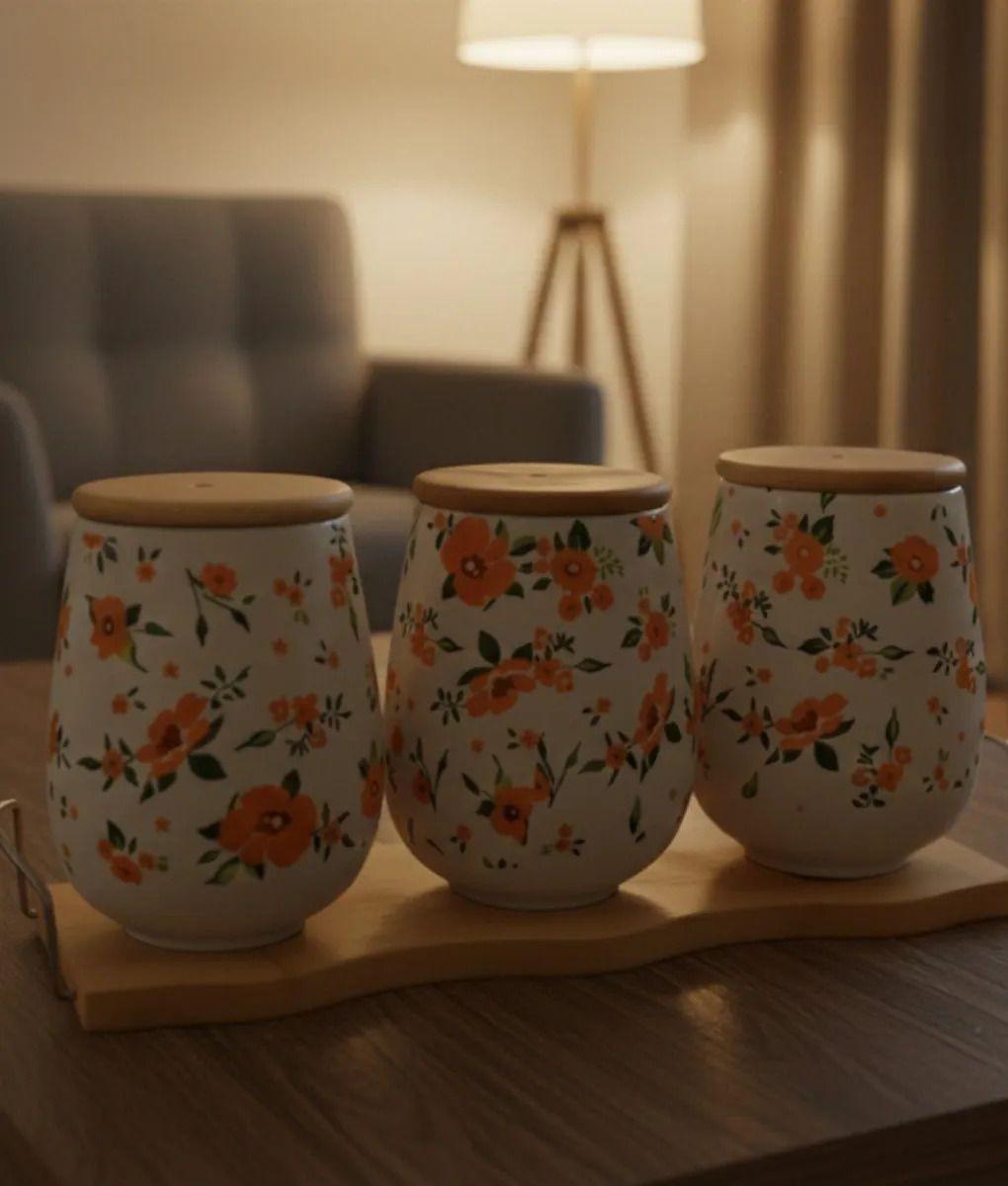 Set 3 Frasco Organizador Floral Contenedor Base Bambú Jhn-8