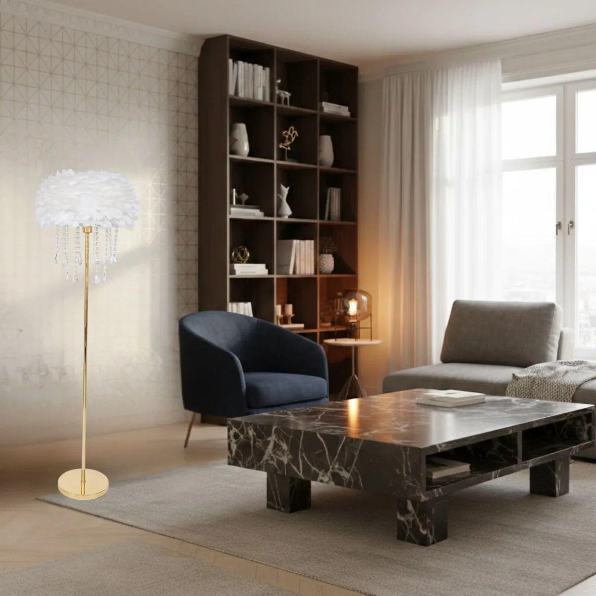 Lámpara Pie Decorativa Luxury Pantalla Plumas Cristales ALJ-5