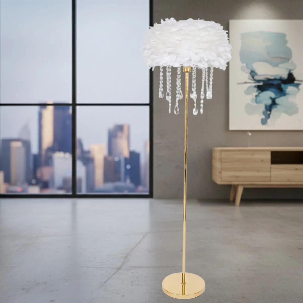 Lámpara Pie Decorativa Luxury Pantalla Plumas Cristales ALJ-9