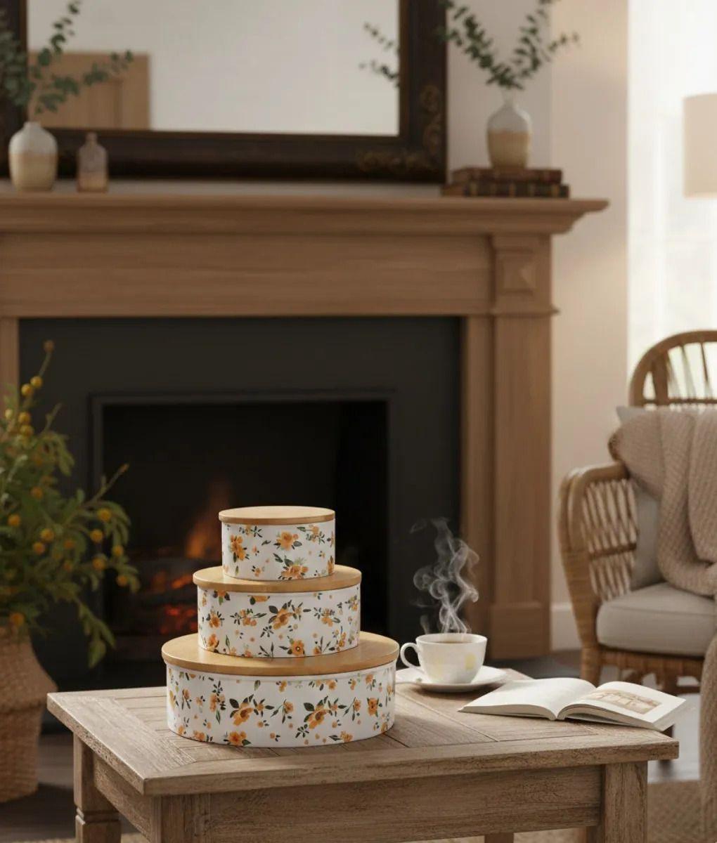 Set 3 Contenedores Tapa Bambú Diseño Floral Vintage Jhn-6