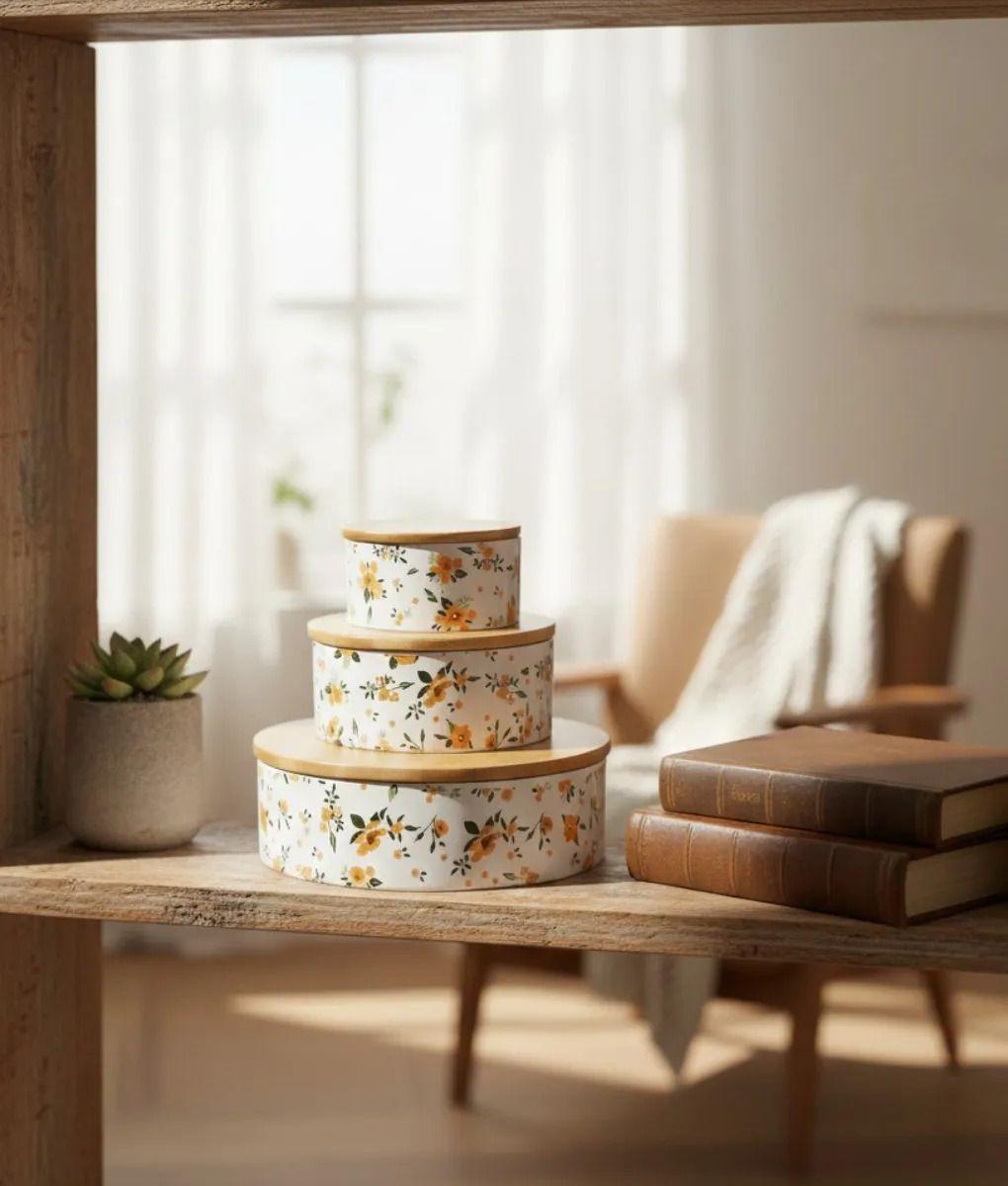 Set 3 Contenedores Tapa Bambú Diseño Floral Vintage Jhn-8