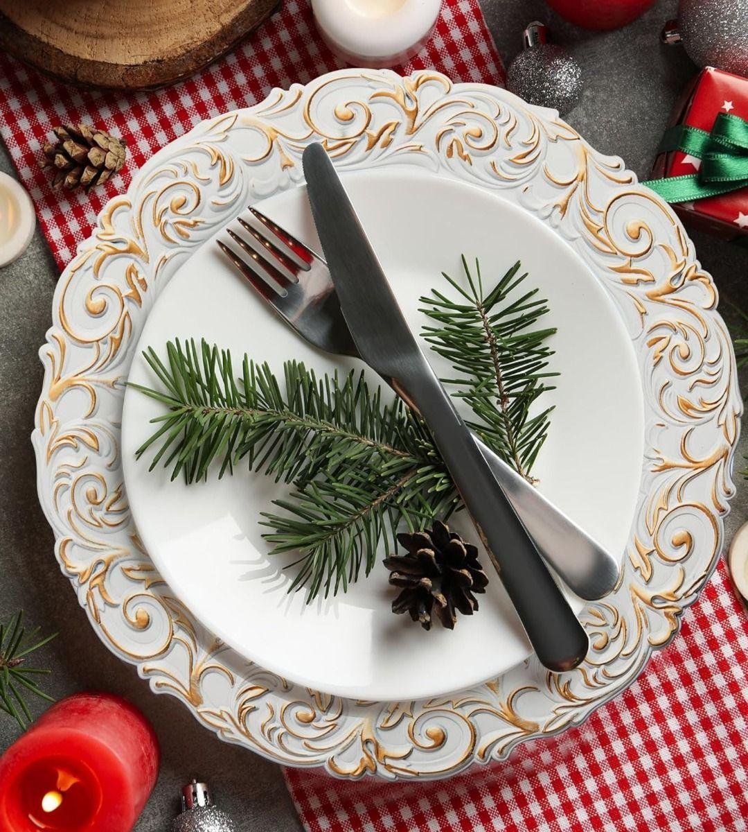 Set 3 Plato Blanco Borde Dorado Mesa Relieve Decorativo Jhn-9